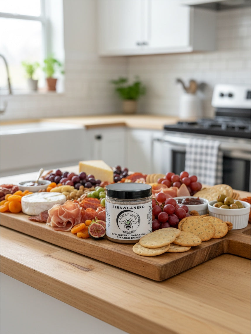 Barley Moon Botanicals Strawbanero creamed honey jar centered on a wooden charcuterie board in a bright kitchen