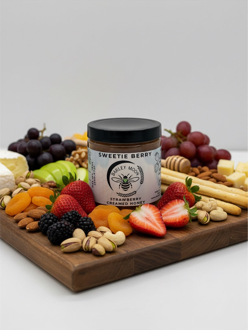 Barley Moon Botanicals Sweetie Berry creamed honey jar on a charcuterie board with fresh fruit, nuts, and cheese.