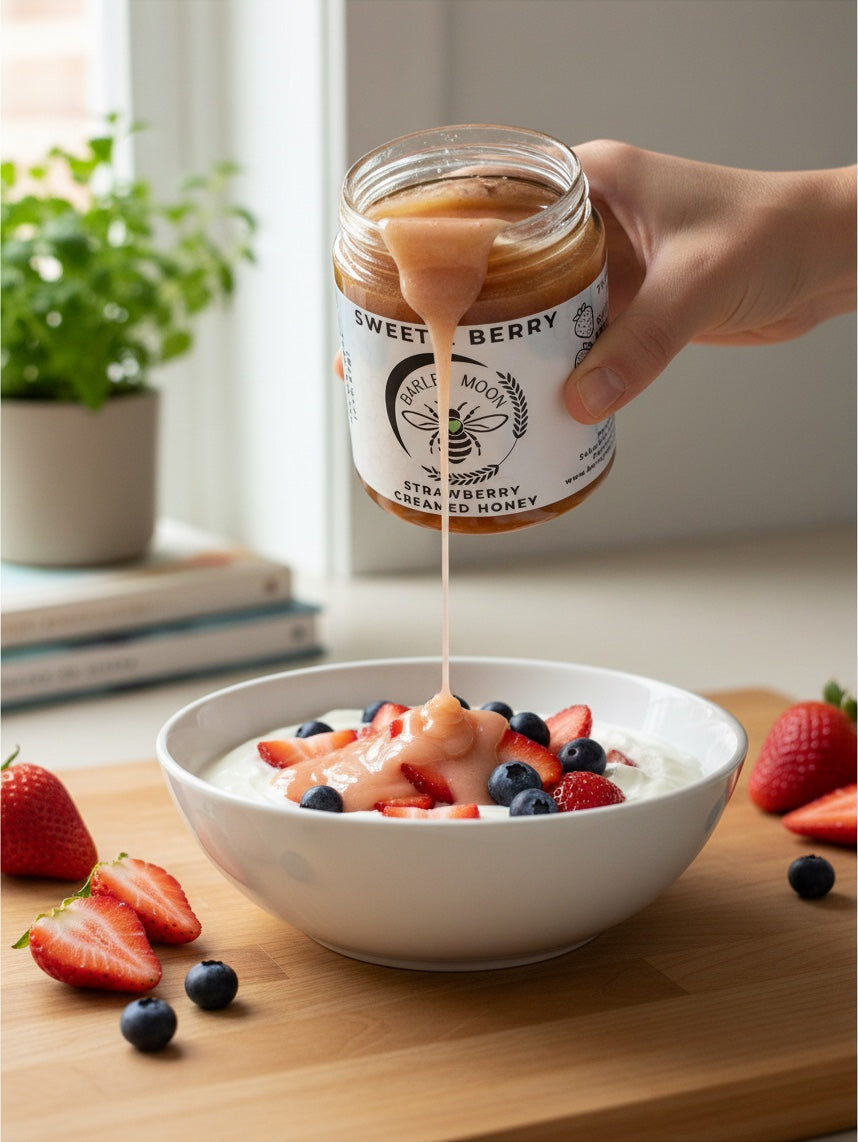 Barley Moon Botanicals Sweetie Berry strawberry creamed honey being drizzled over a bowl of yogurt with fresh berries.