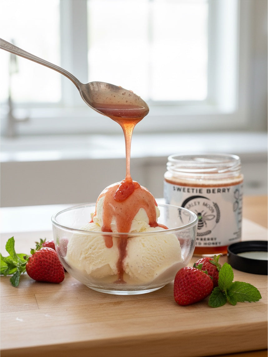 Barley Moon Botanicals Sweetie Berry strawberry creamed honey drizzled over vanilla ice cream with fresh strawberries