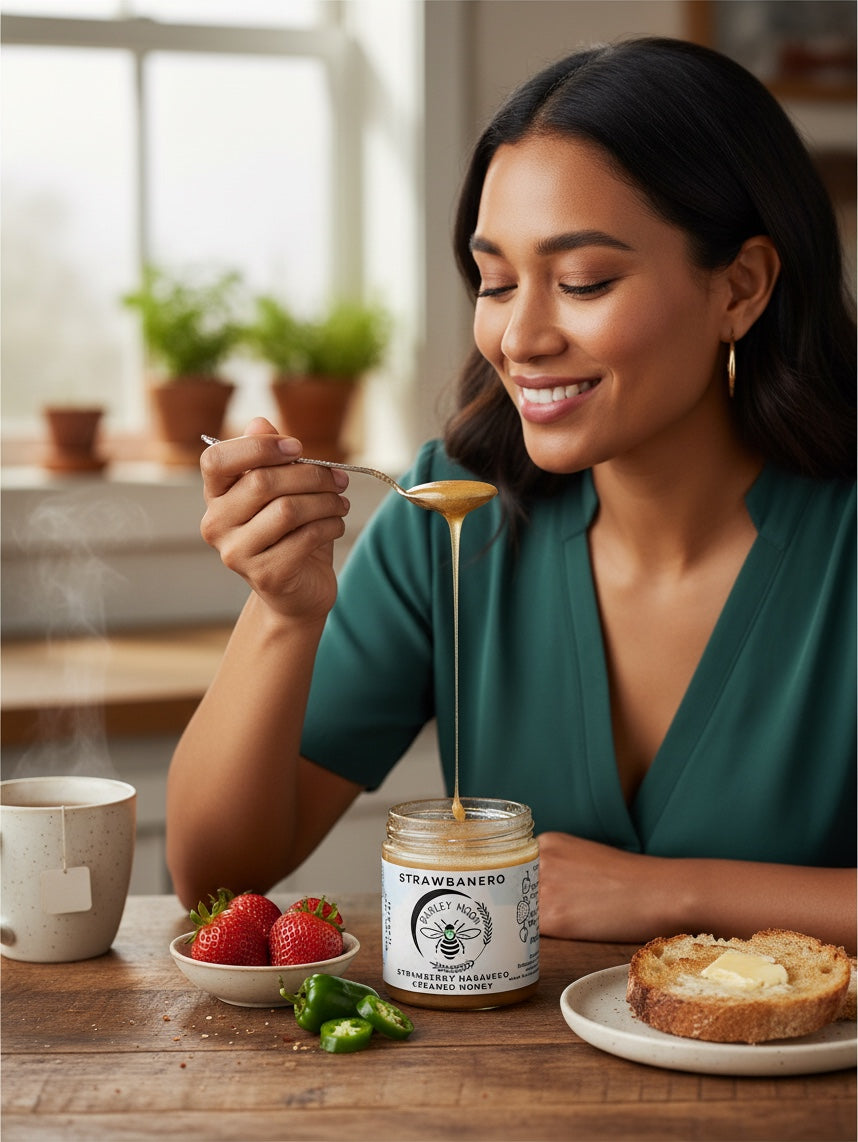 Barley Moon Botanicals Strawbanero creamed honey being tasted by a woman at a table with strawberries and habaneros.