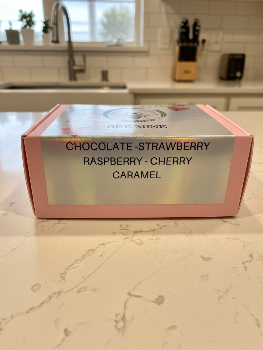Barley Moon Botanicals Bee Mine whipped honey flight box featuring five flavors on a kitchen counter