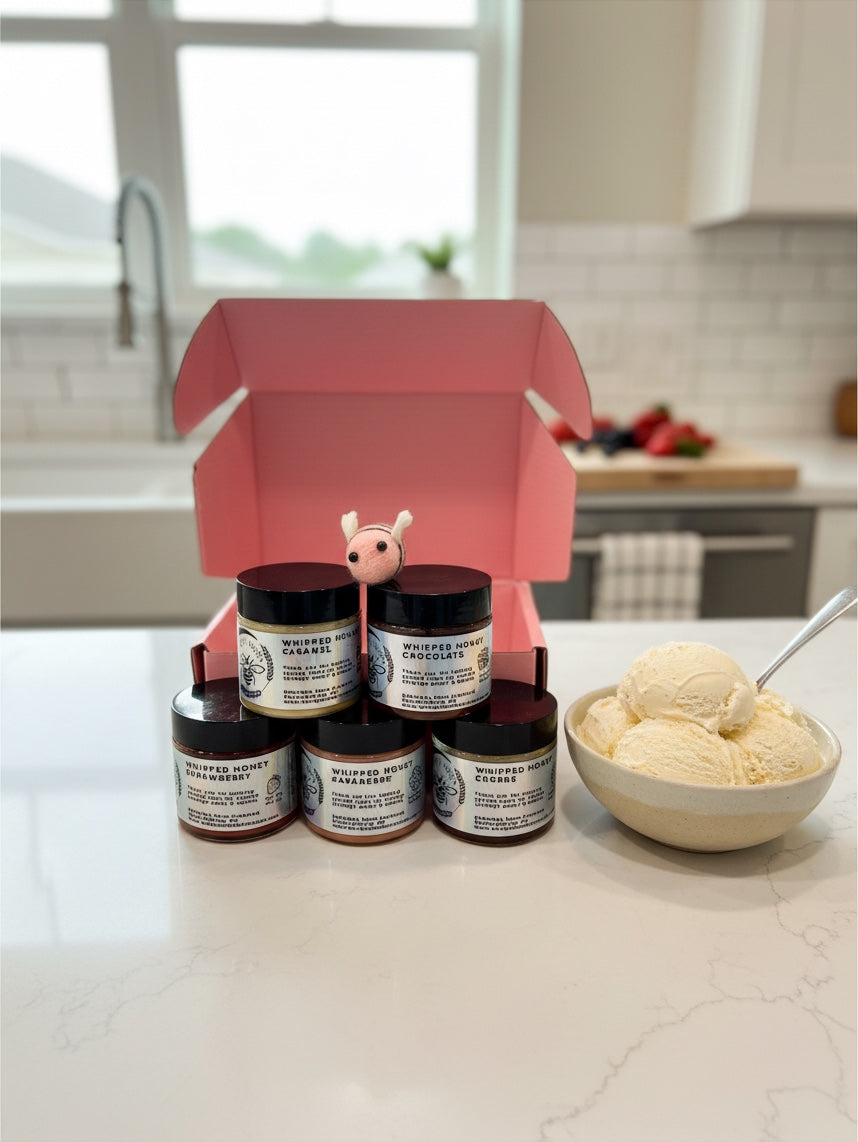 Barley Moon Botanicals Bee Mine whipped honey flight set of five jars with a small felt bee in a pink gift box