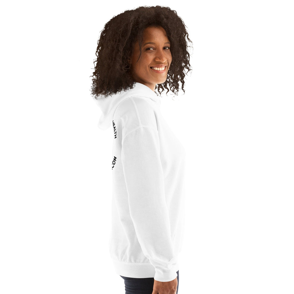 A woman wearing a white Barley Moon Botanicals unisex hoodie with a side view showing the sleeve and hood detail.