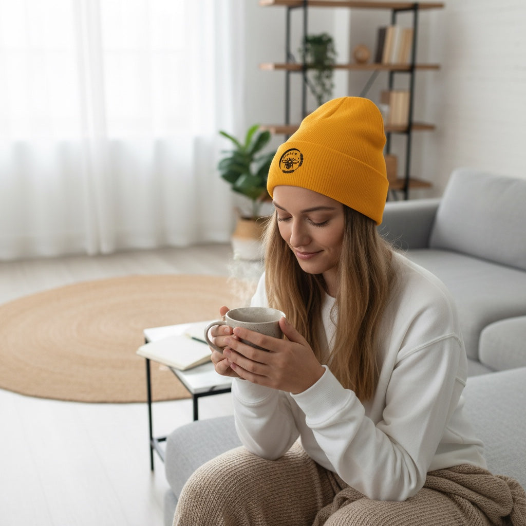 Woman wearing a yellow Barley Moon Botanicals cuffed beanie with a bee and moon logo while holding a steaming mug.