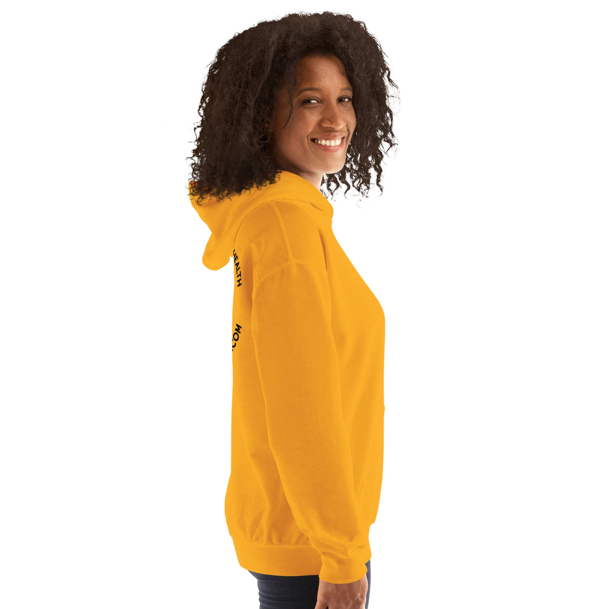 Barley Moon Botanicals unisex hoodie in bright yellow, worn by a smiling woman in a side profile view.