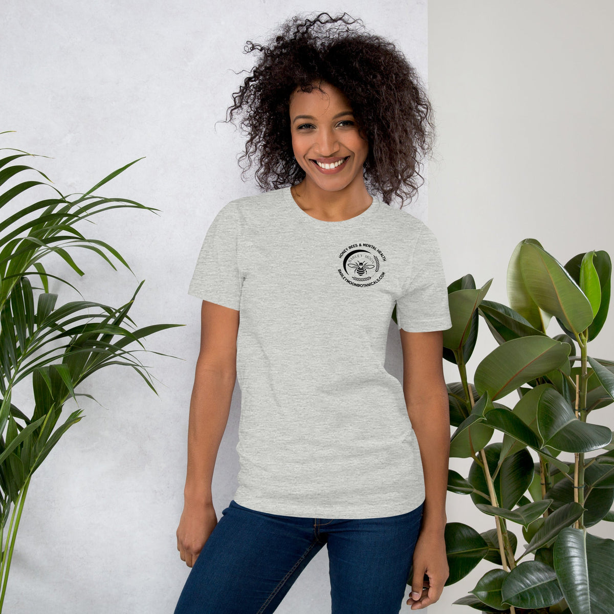 Barley Moon Botanicals unisex heather grey t-shirt featuring a mental health awareness graphic on the back.
