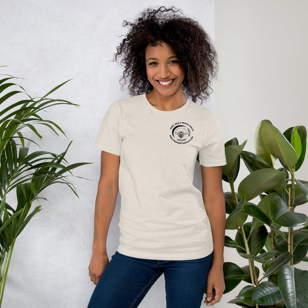 Barley Moon Botanicals unisex heather grey t-shirt featuring a mental health awareness graphic on the back.