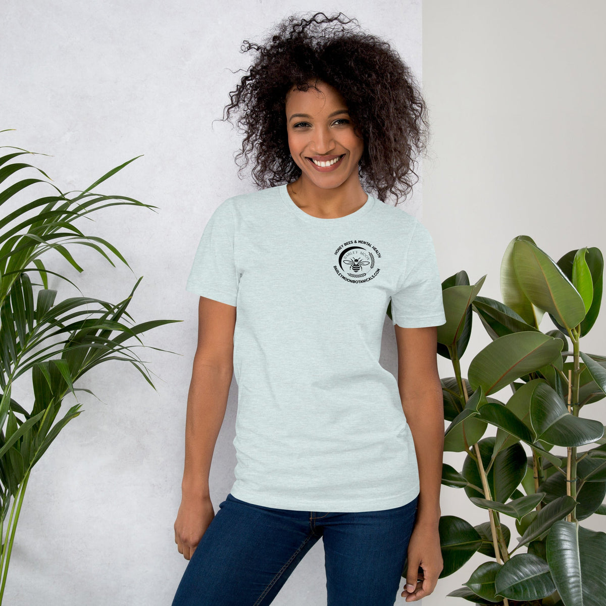 Barley Moon Botanicals unisex heather grey t-shirt featuring a mental health awareness graphic on the back.